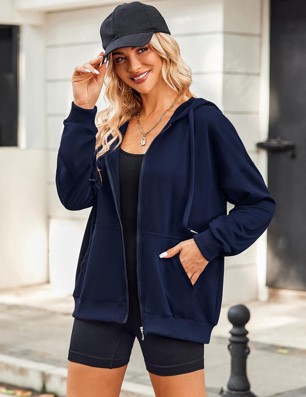 imageZeagoo Womens Lightweight Hoodies Full Zip Up Oversized Sweatshirts with Pockets Long Sleeve Thin Casual Hooded JacketsNavy Blue