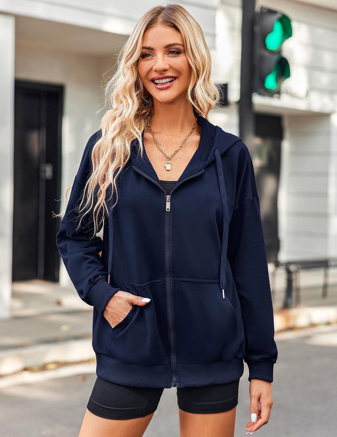 imageZeagoo Womens Lightweight Hoodies Full Zip Up Oversized Sweatshirts with Pockets Long Sleeve Thin Casual Hooded JacketsNavy Blue