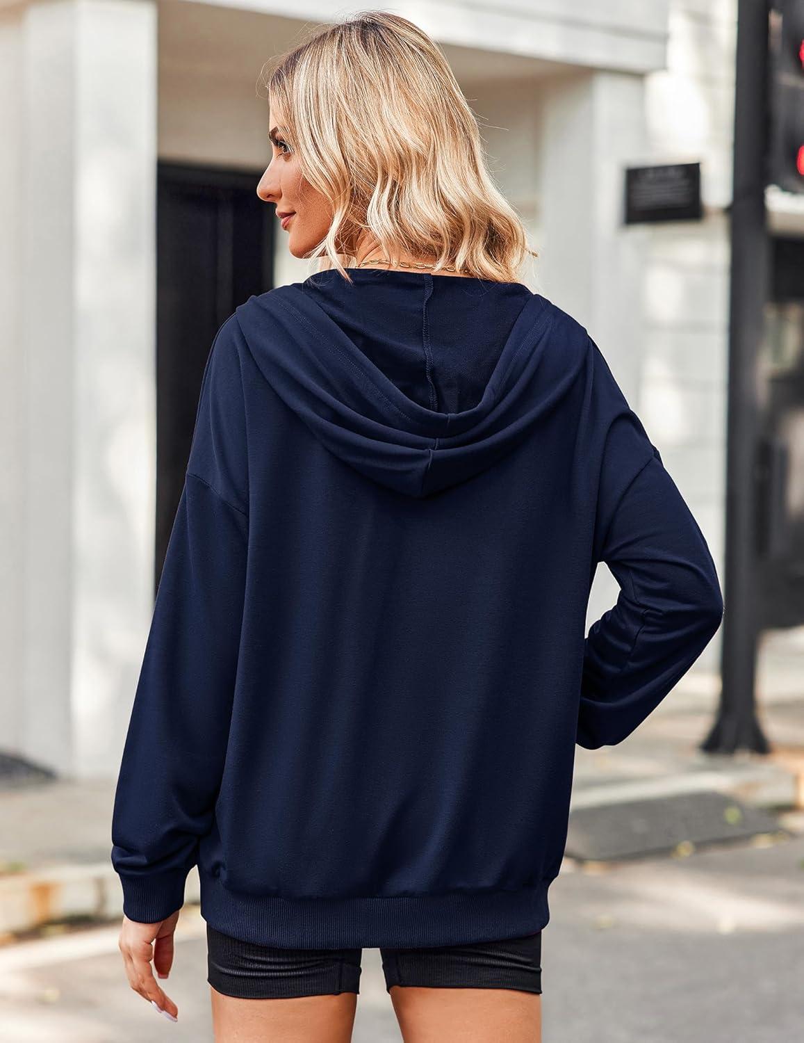 imageZeagoo Womens Lightweight Hoodies Full Zip Up Oversized Sweatshirts with Pockets Long Sleeve Thin Casual Hooded JacketsNavy Blue