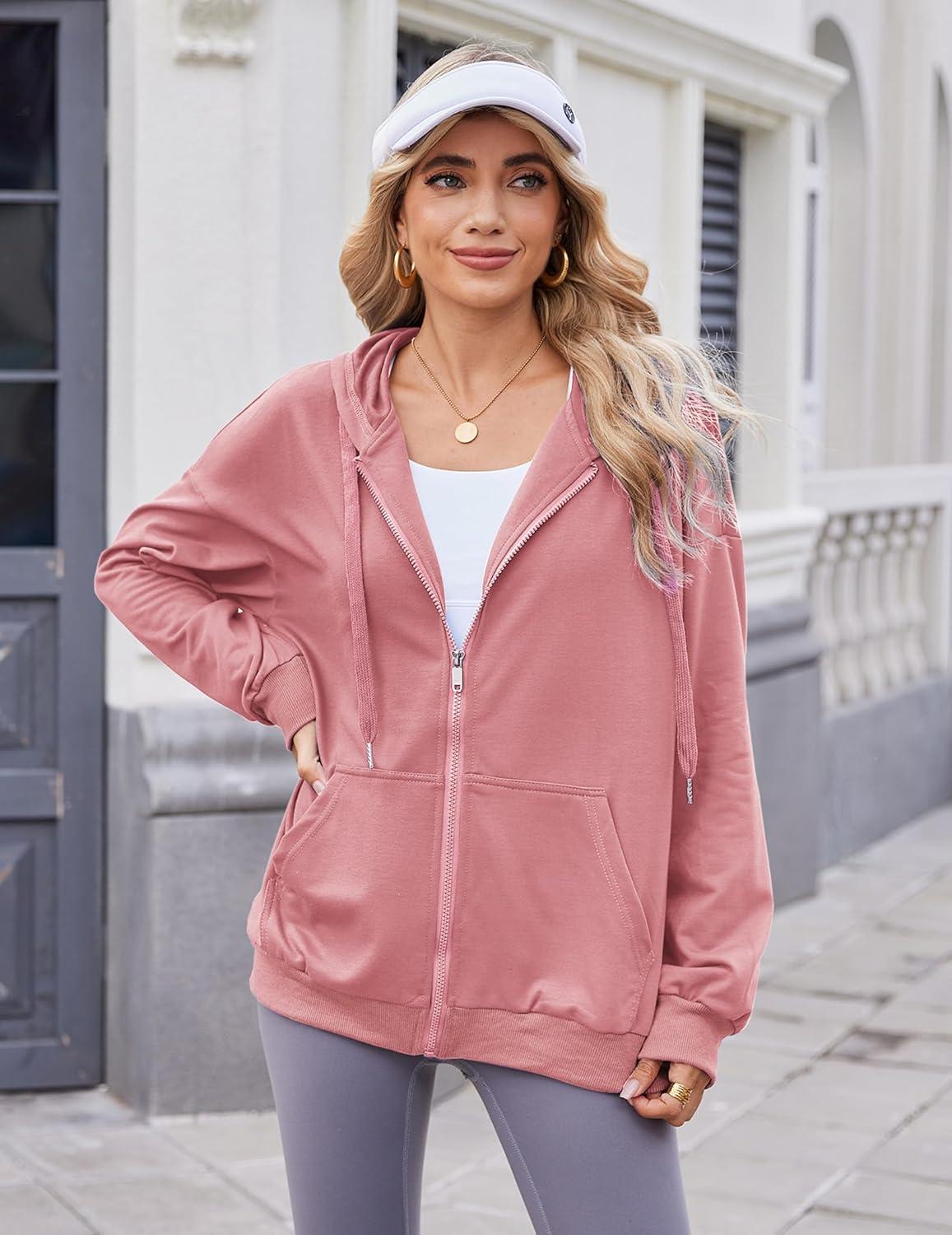 imageZeagoo Womens Lightweight Hoodies Full Zip Up Oversized Sweatshirts with Pockets Long Sleeve Thin Casual Hooded JacketsPink