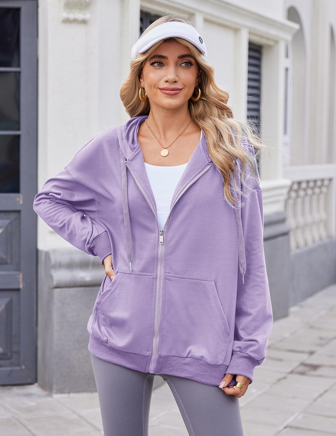 imageZeagoo Womens Lightweight Hoodies Full Zip Up Oversized Sweatshirts with Pockets Long Sleeve Thin Casual Hooded JacketsPurple