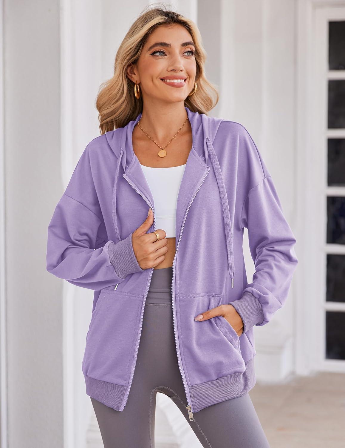 imageZeagoo Womens Lightweight Hoodies Full Zip Up Oversized Sweatshirts with Pockets Long Sleeve Thin Casual Hooded JacketsPurple
