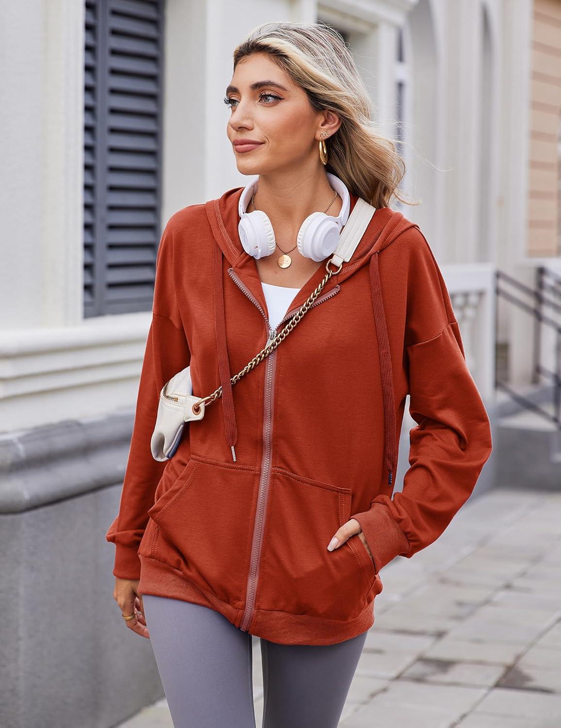 imageZeagoo Womens Lightweight Hoodies Full Zip Up Oversized Sweatshirts with Pockets Long Sleeve Thin Casual Hooded JacketsRed