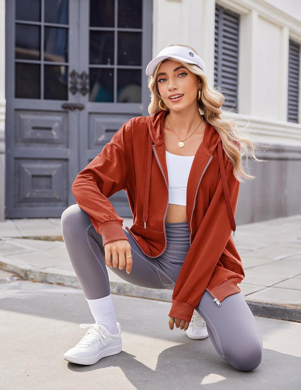imageZeagoo Womens Lightweight Hoodies Full Zip Up Oversized Sweatshirts with Pockets Long Sleeve Thin Casual Hooded JacketsRed