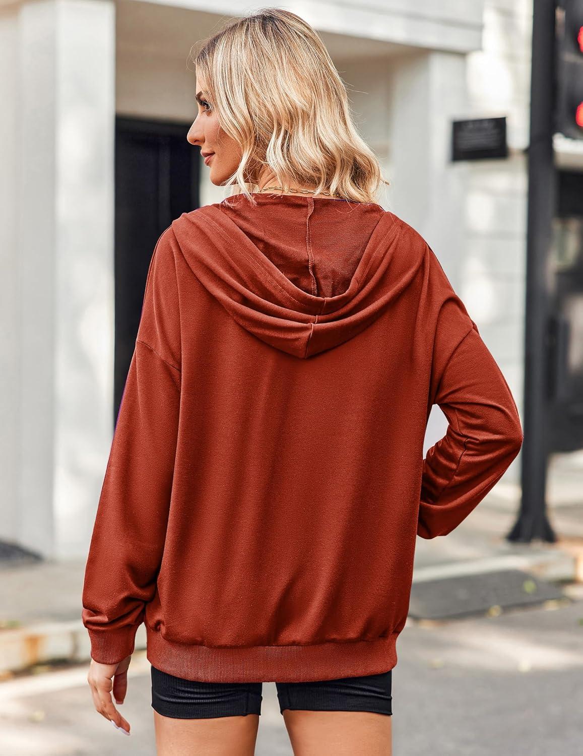 imageZeagoo Womens Lightweight Hoodies Full Zip Up Oversized Sweatshirts with Pockets Long Sleeve Thin Casual Hooded JacketsRed