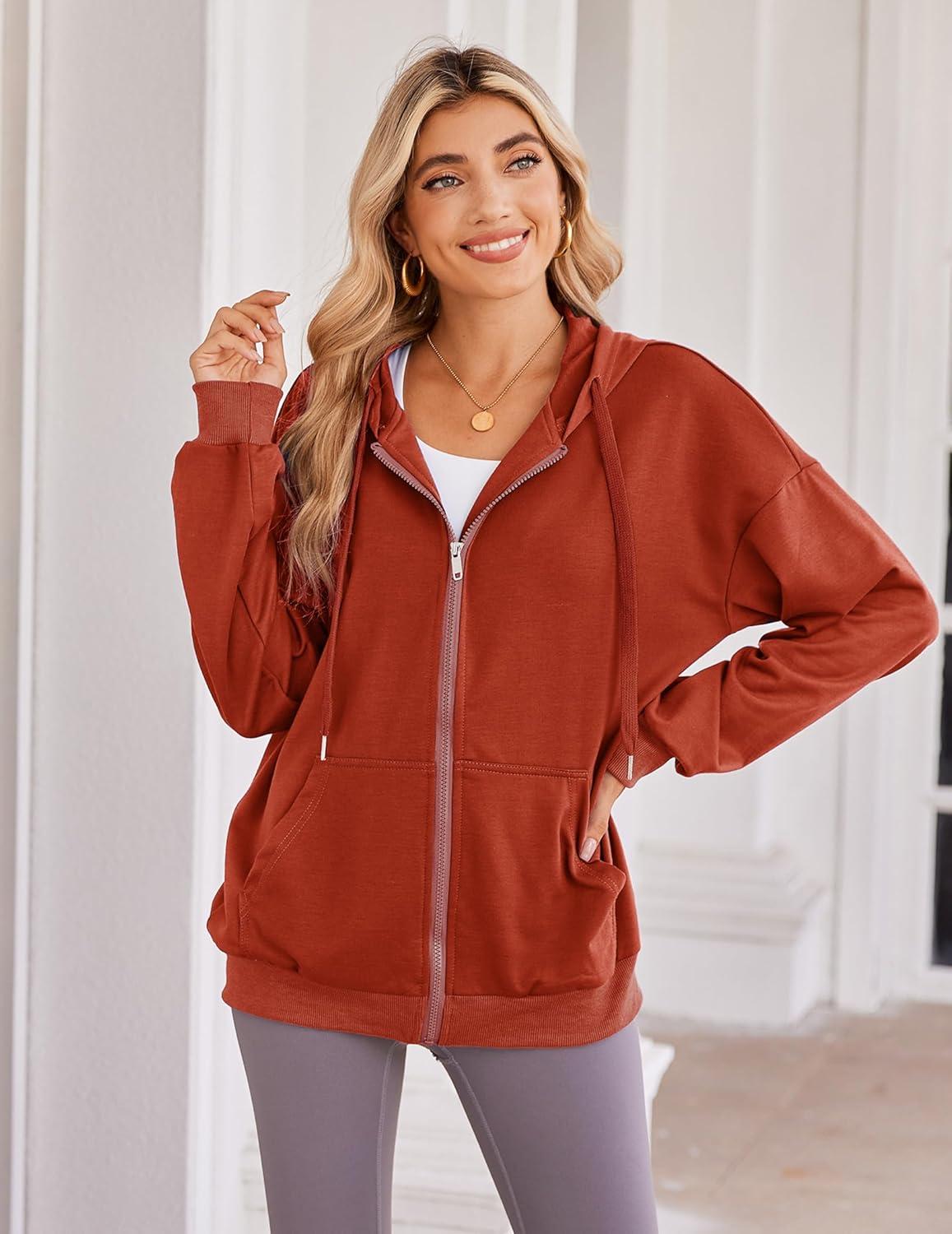 imageZeagoo Womens Lightweight Hoodies Full Zip Up Oversized Sweatshirts with Pockets Long Sleeve Thin Casual Hooded JacketsRed