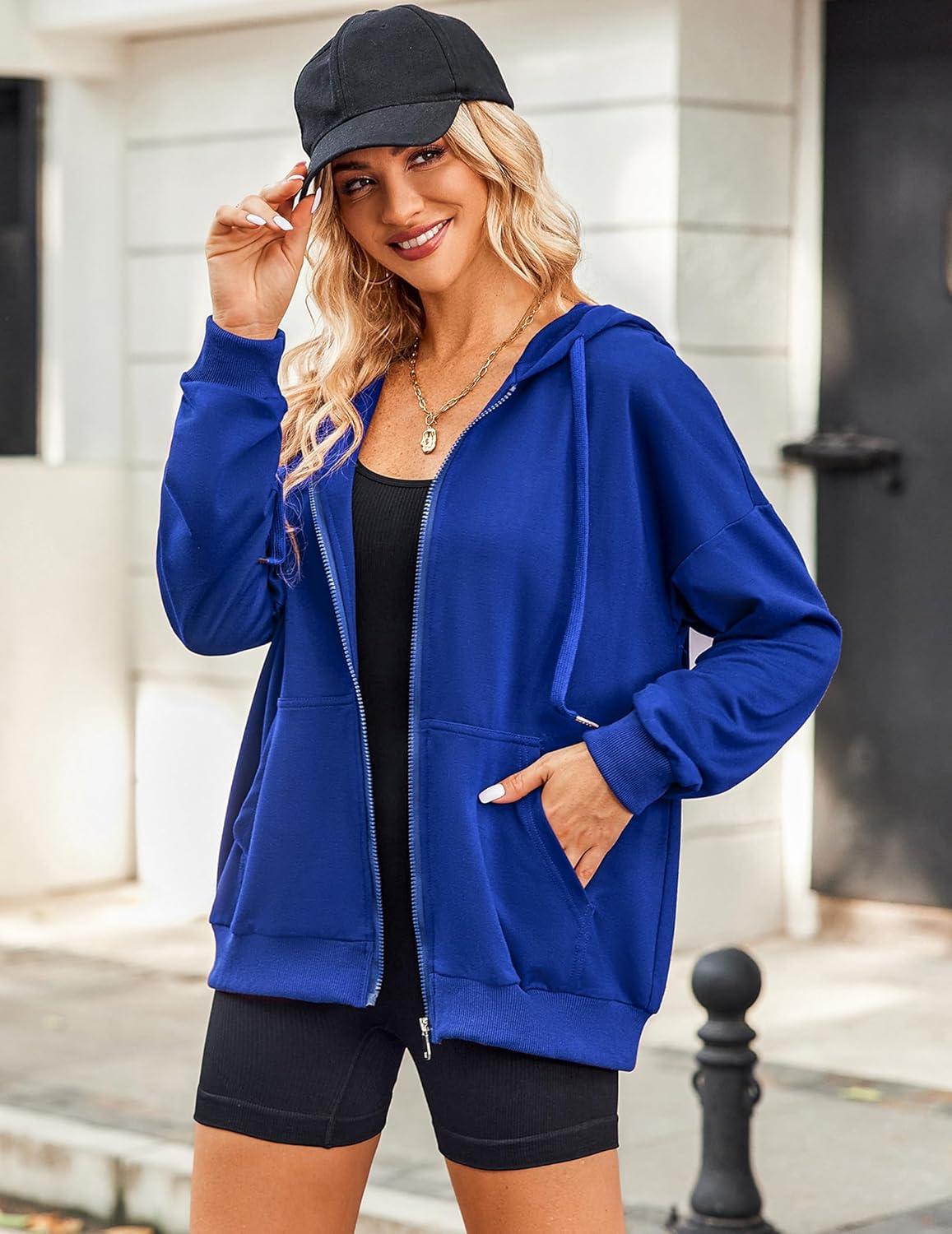 imageZeagoo Womens Lightweight Hoodies Full Zip Up Oversized Sweatshirts with Pockets Long Sleeve Thin Casual Hooded JacketsRoyal Blue
