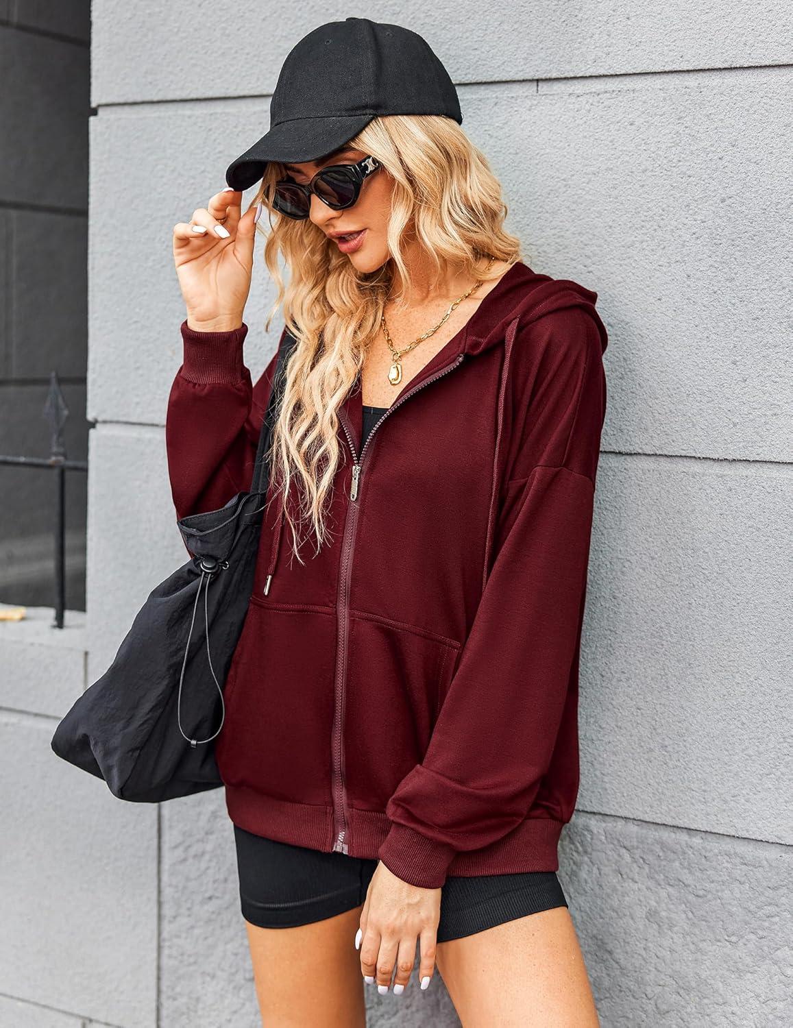 imageZeagoo Womens Lightweight Hoodies Full Zip Up Oversized Sweatshirts with Pockets Long Sleeve Thin Casual Hooded JacketsWine Red