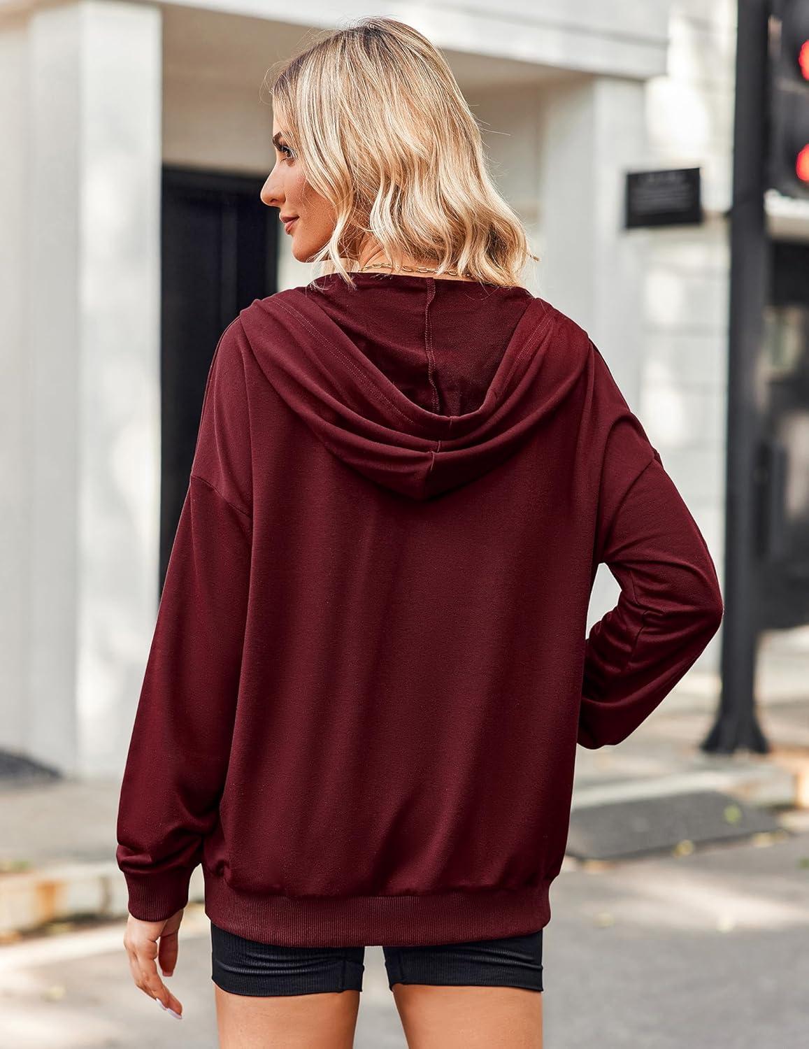 imageZeagoo Womens Lightweight Hoodies Full Zip Up Oversized Sweatshirts with Pockets Long Sleeve Thin Casual Hooded JacketsWine Red