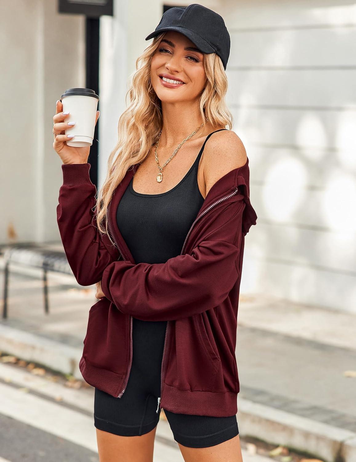 imageZeagoo Womens Lightweight Hoodies Full Zip Up Oversized Sweatshirts with Pockets Long Sleeve Thin Casual Hooded JacketsWine Red
