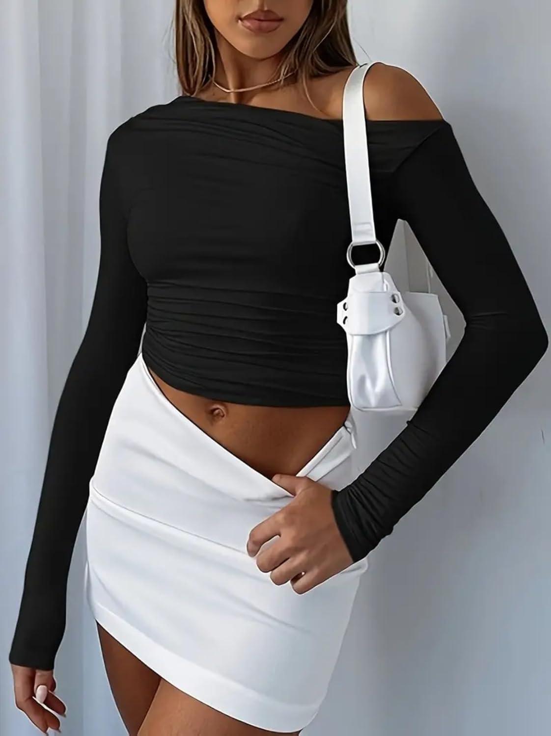 imageZeagoo Womens Long Sleeve Off The Shoulder Casual Crop Tops Boat Neck Going Out Slim Fit Sexy T Shirts 2026Black