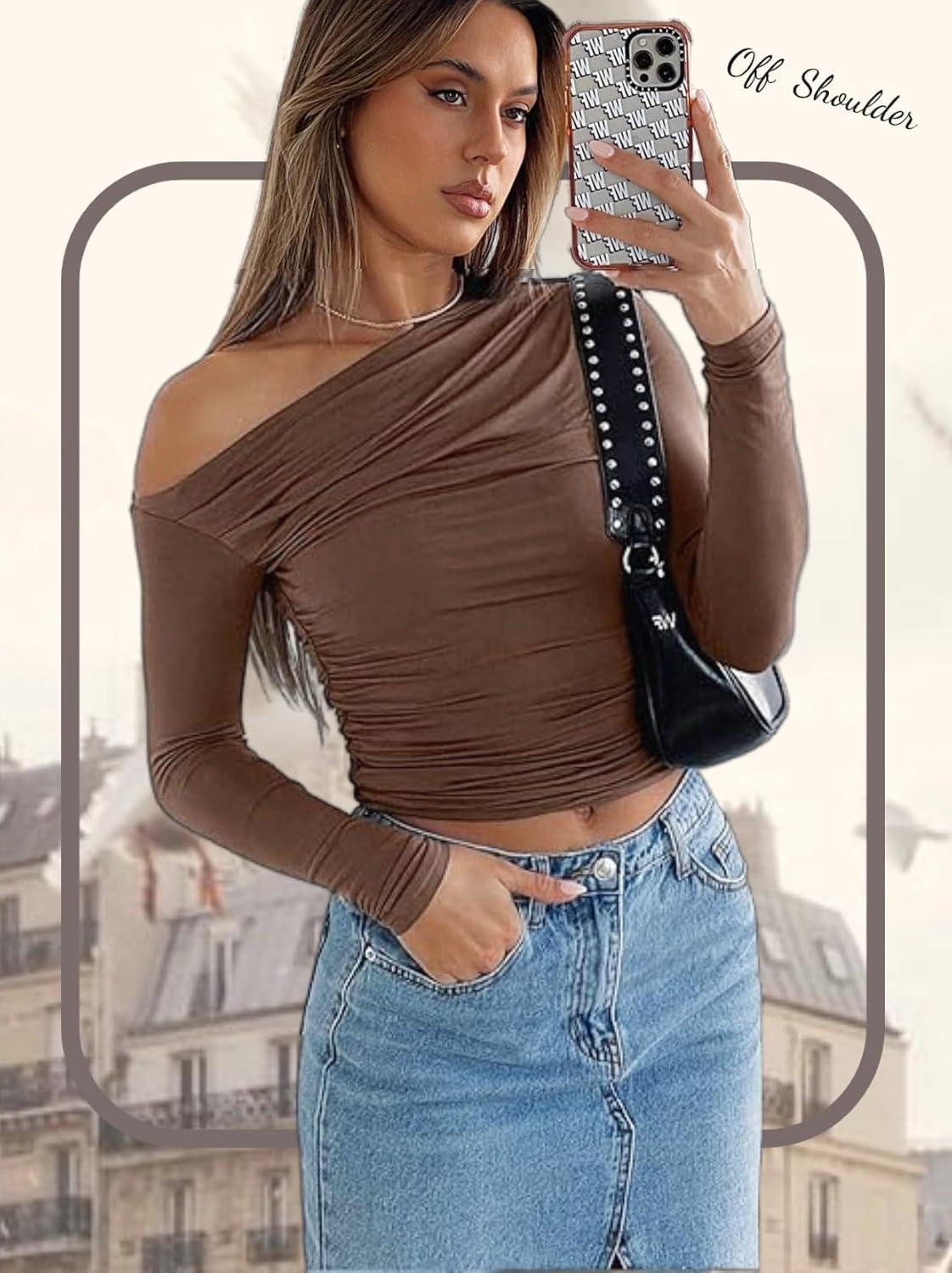 imageZeagoo Womens Long Sleeve Off The Shoulder Casual Crop Tops Boat Neck Going Out Slim Fit Sexy T Shirts 2026Brown