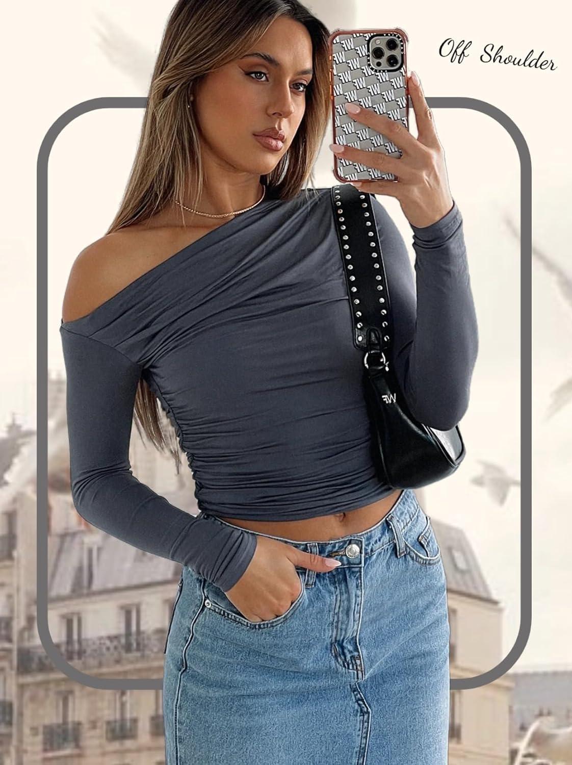 imageZeagoo Womens Long Sleeve Off The Shoulder Casual Crop Tops Boat Neck Going Out Slim Fit Sexy T Shirts 2026Dark Grey