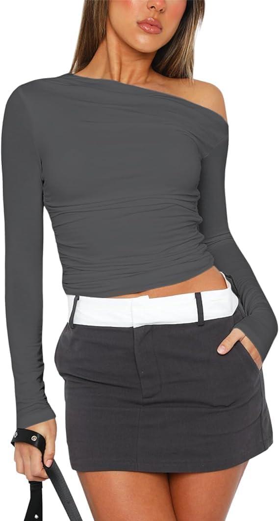 imageZeagoo Womens Long Sleeve Off The Shoulder Casual Crop Tops Boat Neck Going Out Slim Fit Sexy T Shirts 2026Dark Grey