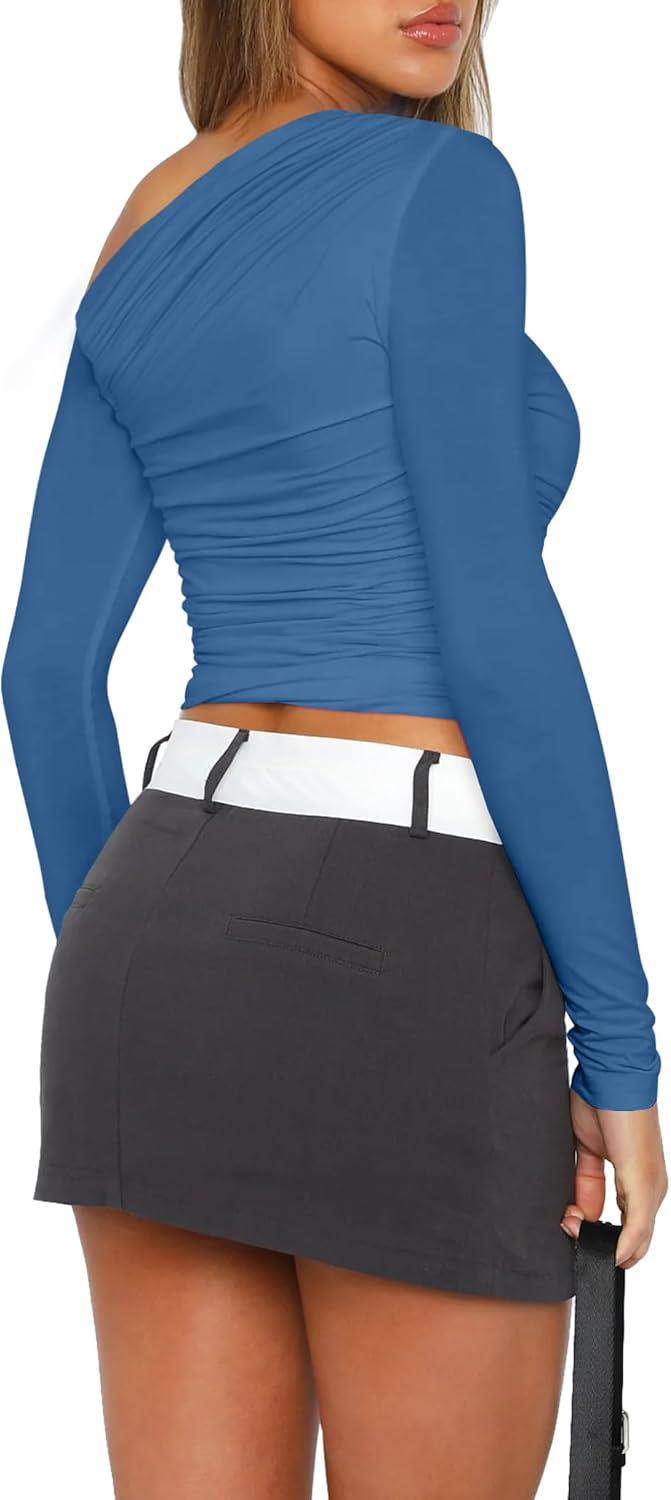 imageZeagoo Womens Long Sleeve Off The Shoulder Casual Crop Tops Boat Neck Going Out Slim Fit Sexy T Shirts 2026Navy Blue