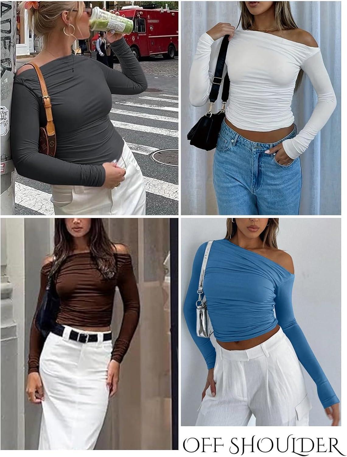 imageZeagoo Womens Long Sleeve Off The Shoulder Casual Crop Tops Boat Neck Going Out Slim Fit Sexy T Shirts 2026Navy Blue