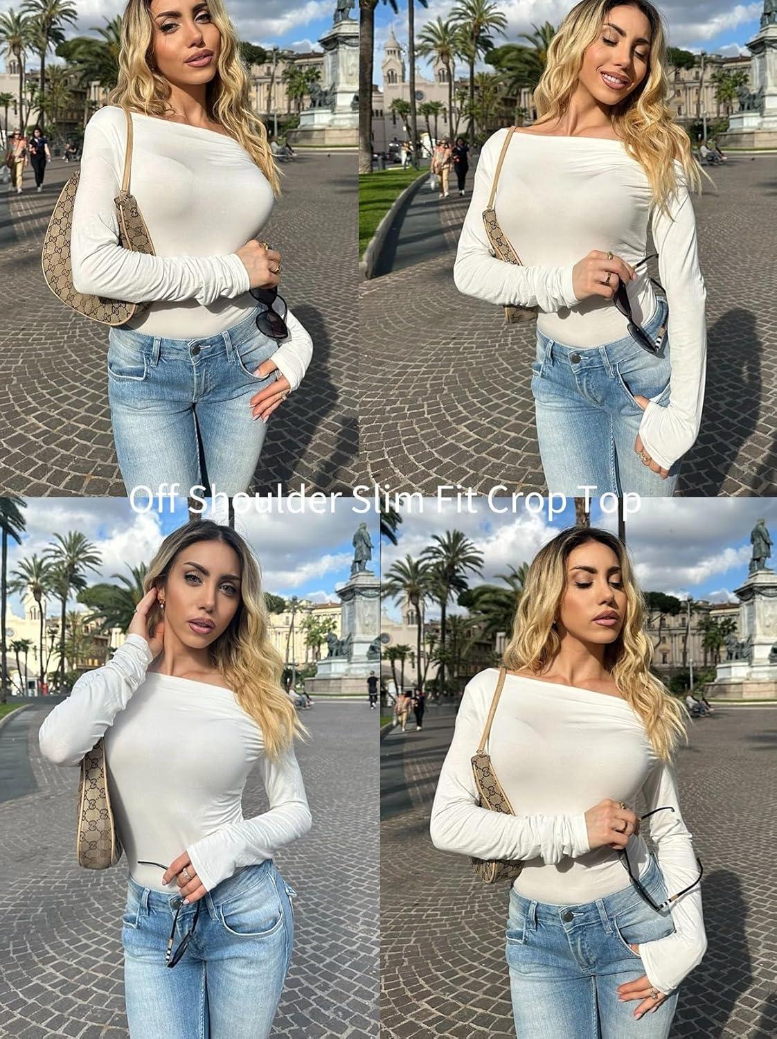 imageZeagoo Womens Long Sleeve Off The Shoulder Casual Crop Tops Boat Neck Going Out Slim Fit Sexy T Shirts 2026White