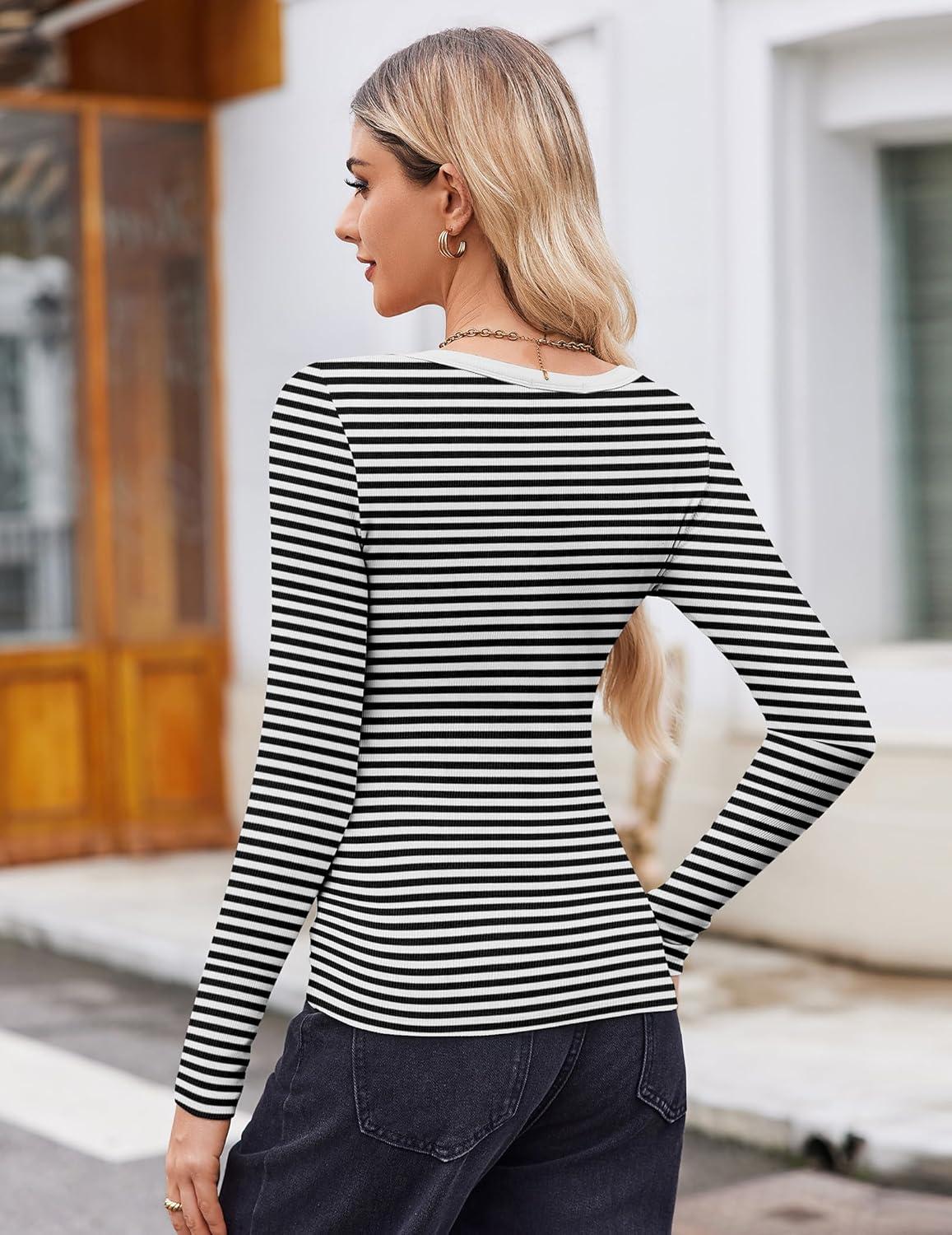 imageZeagoo Womens Long Sleeve Scoop Neck Shirts Casual Slim Fit Rib Knit Tops Summer Fall Basic Business Work TeeBlack White Stripe
