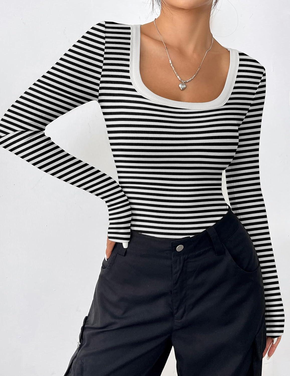 imageZeagoo Womens Long Sleeve Scoop Neck Shirts Casual Slim Fit Rib Knit Tops Summer Fall Basic Business Work TeeBlack White Stripe