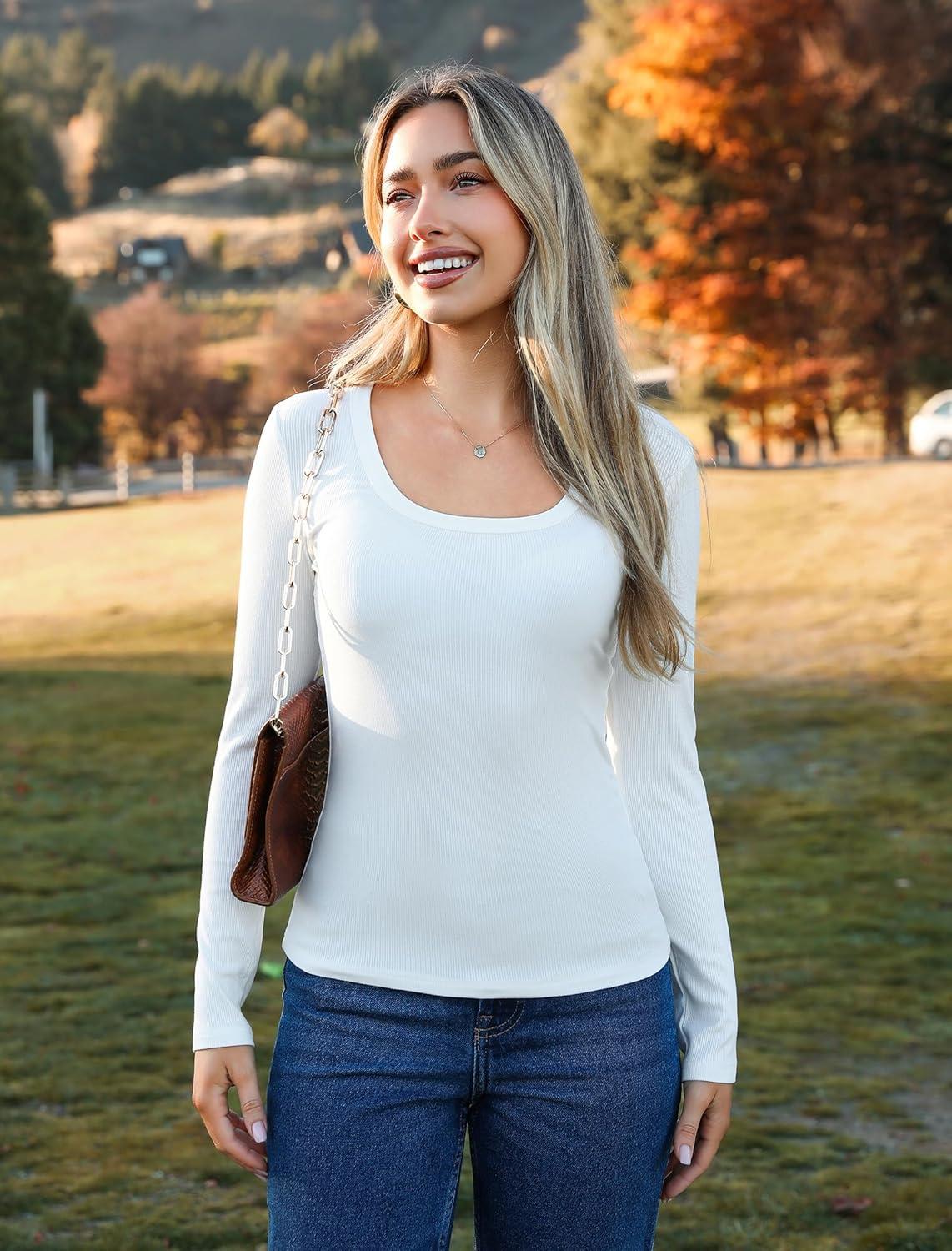 imageZeagoo Womens Long Sleeve Scoop Neck Shirts Casual Slim Fit Rib Knit Tops Summer Fall Basic Business Work TeeBlackwhitebrown