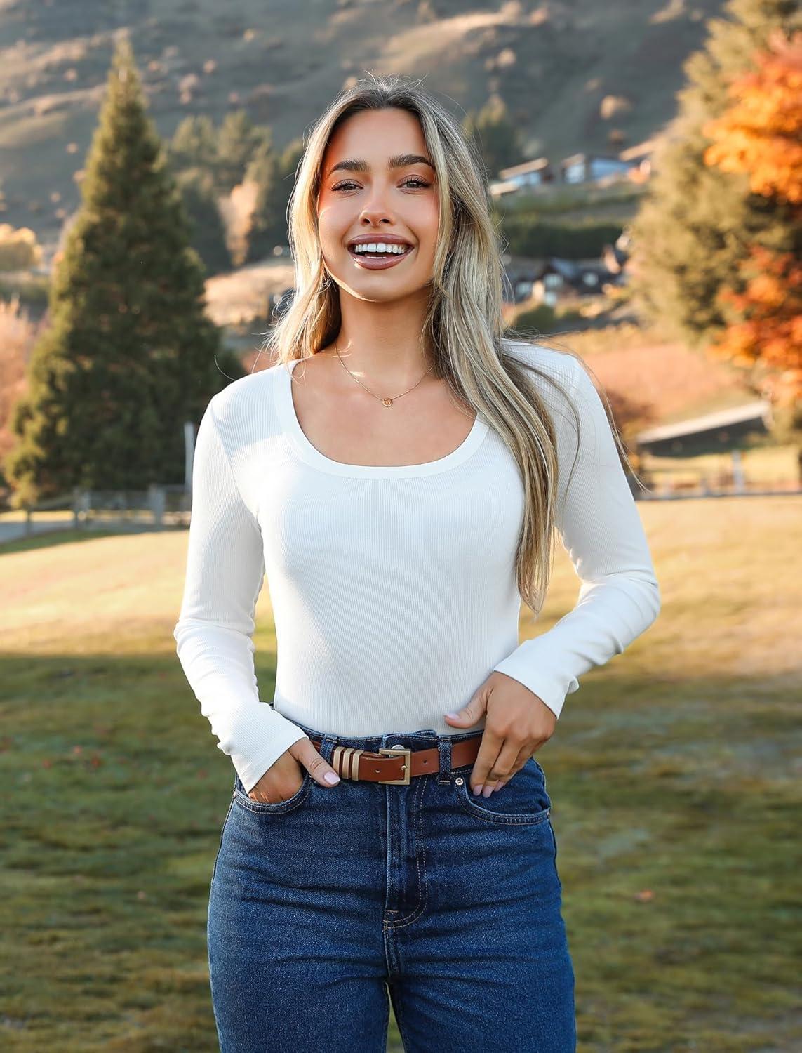 imageZeagoo Womens Long Sleeve Scoop Neck Shirts Casual Slim Fit Rib Knit Tops Summer Fall Basic Business Work TeeBlackwhitestripes