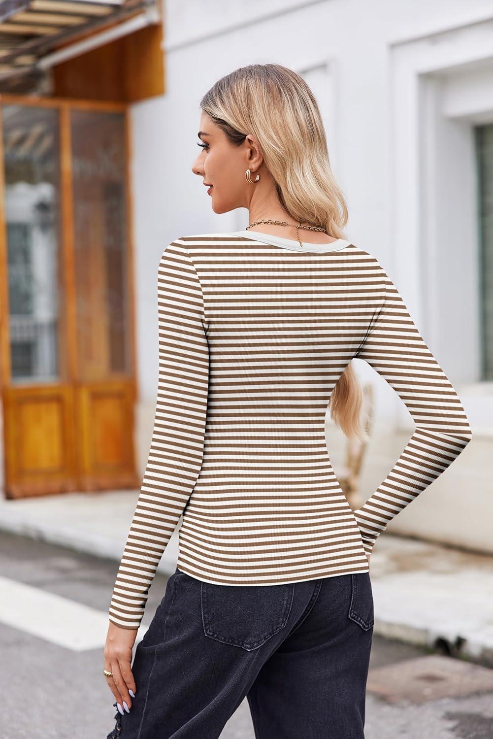 imageZeagoo Womens Long Sleeve Scoop Neck Shirts Casual Slim Fit Rib Knit Tops Summer Fall Basic Business Work TeeBrown White Stripe