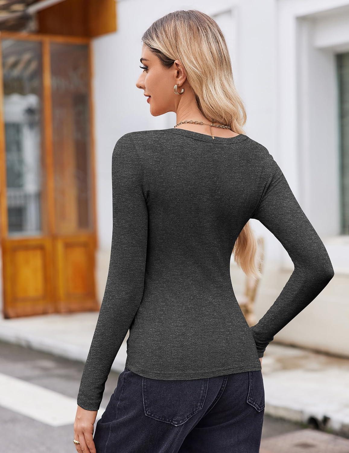 imageZeagoo Womens Long Sleeve Scoop Neck Shirts Casual Slim Fit Rib Knit Tops Summer Fall Basic Business Work TeeDark Grey2