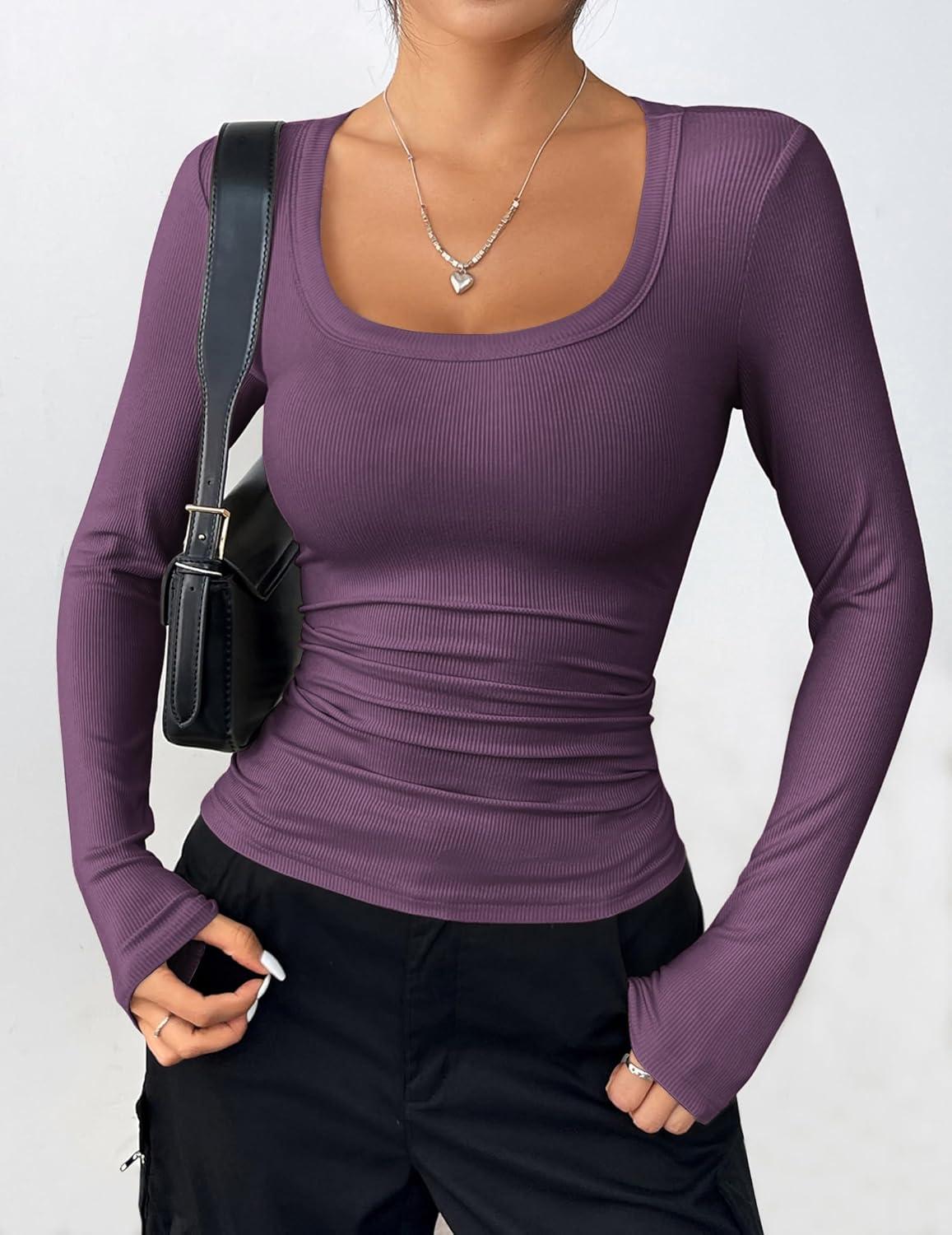imageZeagoo Womens Long Sleeve Scoop Neck Shirts Casual Slim Fit Rib Knit Tops Summer Fall Basic Business Work TeeDark Purple