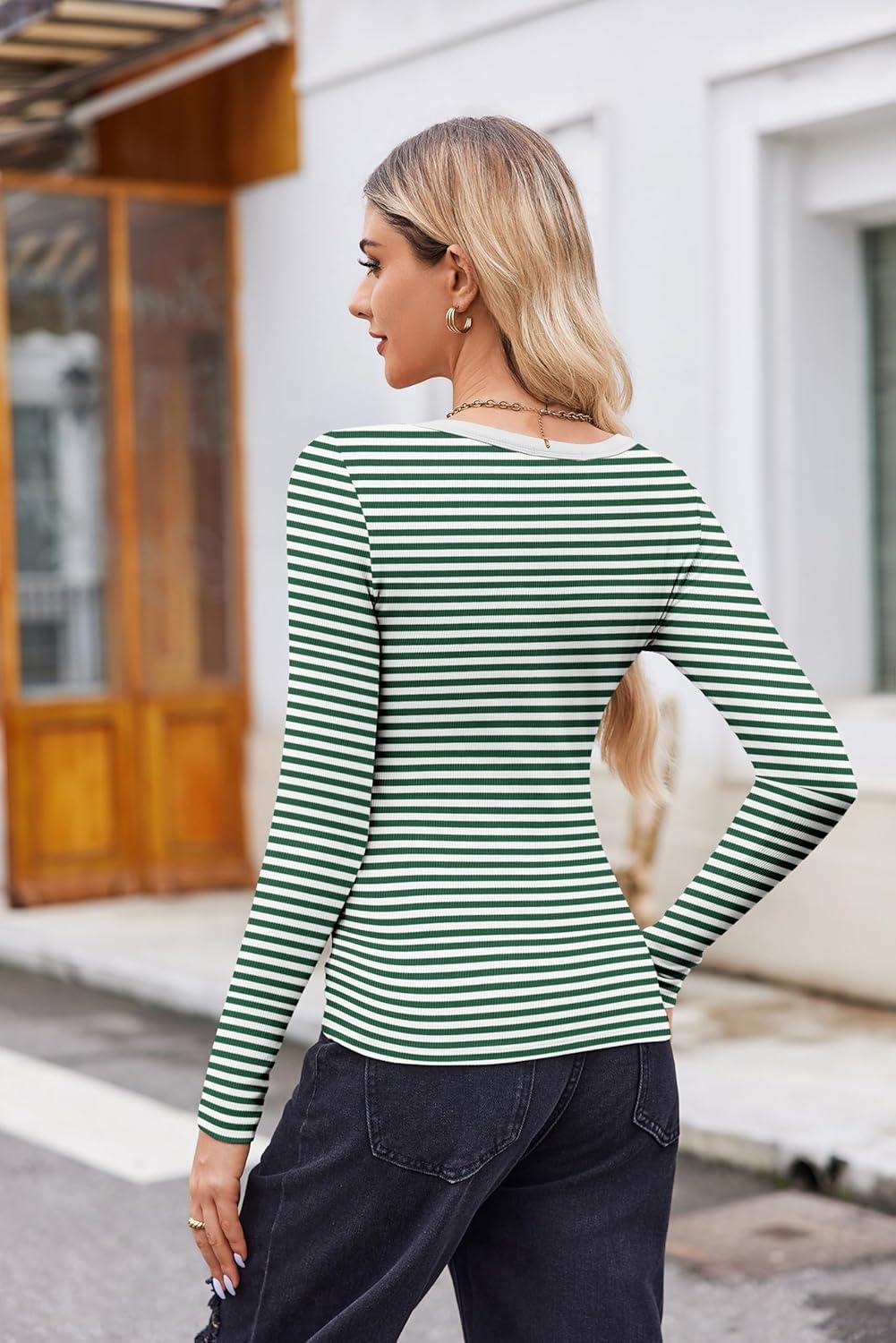 imageZeagoo Womens Long Sleeve Scoop Neck Shirts Casual Slim Fit Rib Knit Tops Summer Fall Basic Business Work TeeGreen White Stripe