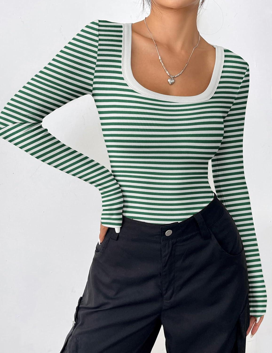 imageZeagoo Womens Long Sleeve Scoop Neck Shirts Casual Slim Fit Rib Knit Tops Summer Fall Basic Business Work TeeGreen White Stripe