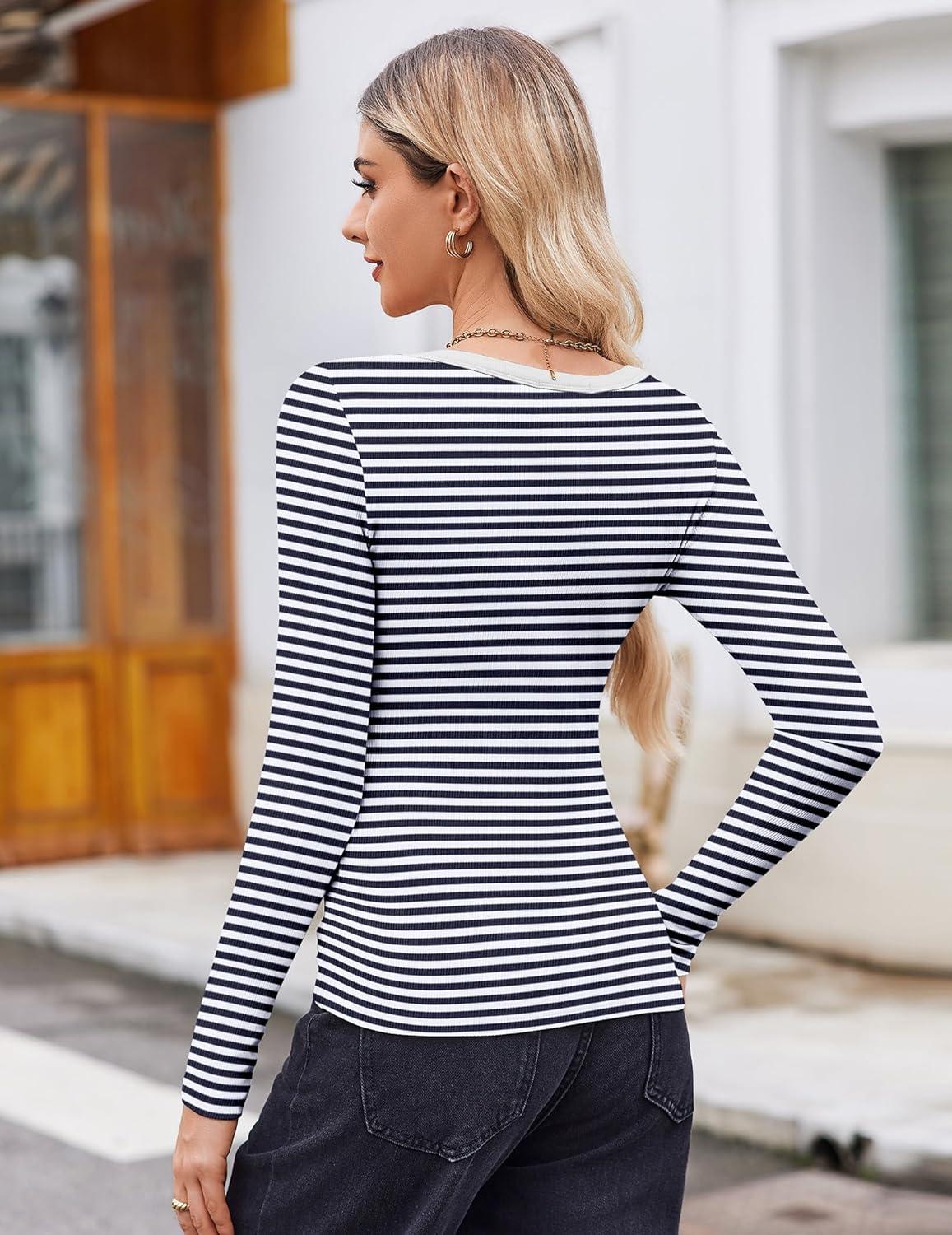 imageZeagoo Womens Long Sleeve Scoop Neck Shirts Casual Slim Fit Rib Knit Tops Summer Fall Basic Business Work TeeNavy White Stripe