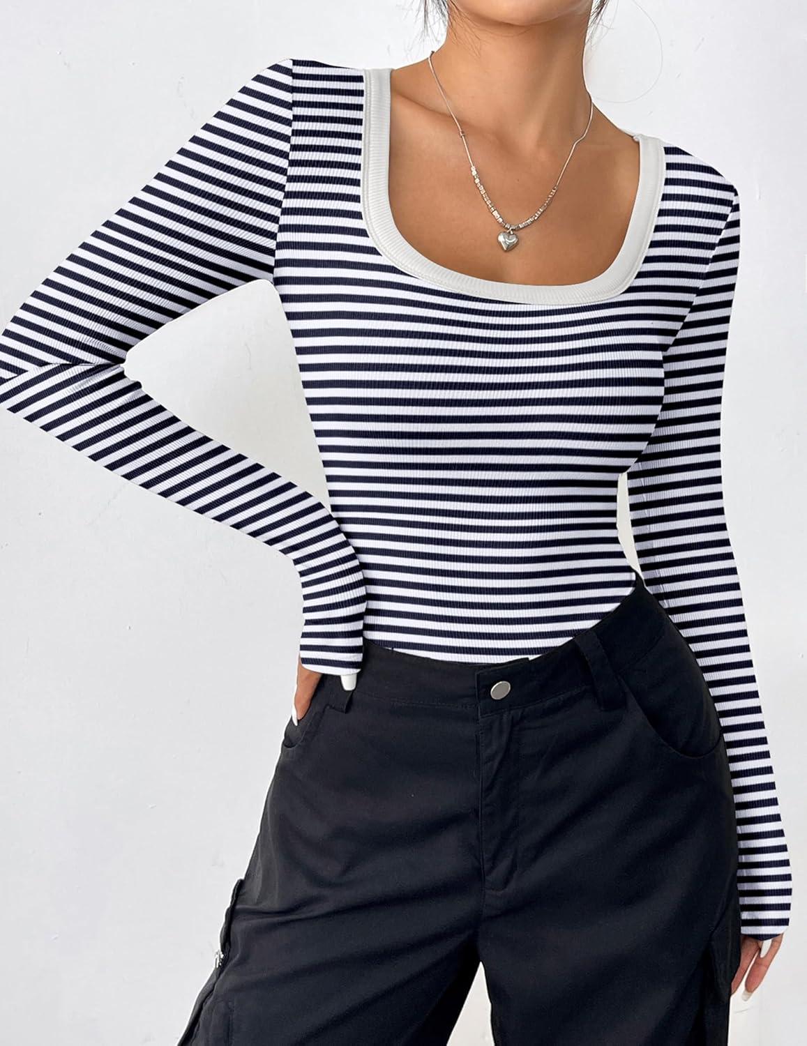 imageZeagoo Womens Long Sleeve Scoop Neck Shirts Casual Slim Fit Rib Knit Tops Summer Fall Basic Business Work TeeNavy White Stripe