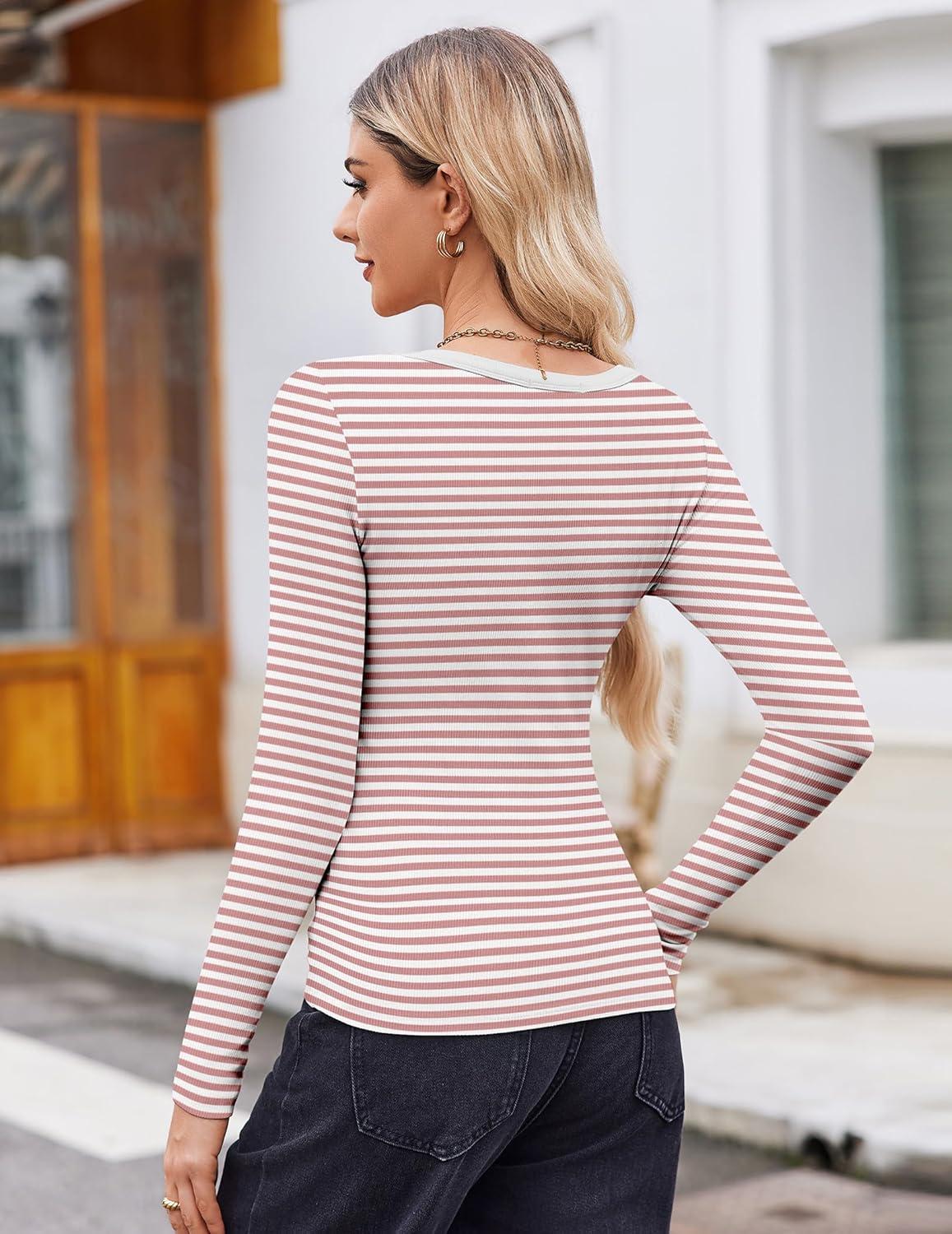 imageZeagoo Womens Long Sleeve Scoop Neck Shirts Casual Slim Fit Rib Knit Tops Summer Fall Basic Business Work TeePink White Stripe