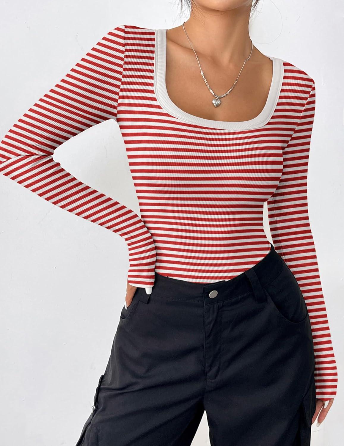 imageZeagoo Womens Long Sleeve Scoop Neck Shirts Casual Slim Fit Rib Knit Tops Summer Fall Basic Business Work TeeRed White Stripe