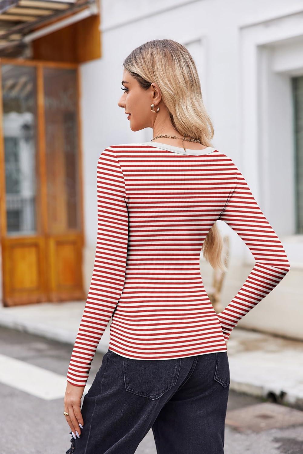 imageZeagoo Womens Long Sleeve Scoop Neck Shirts Casual Slim Fit Rib Knit Tops Summer Fall Basic Business Work TeeRed White Stripe