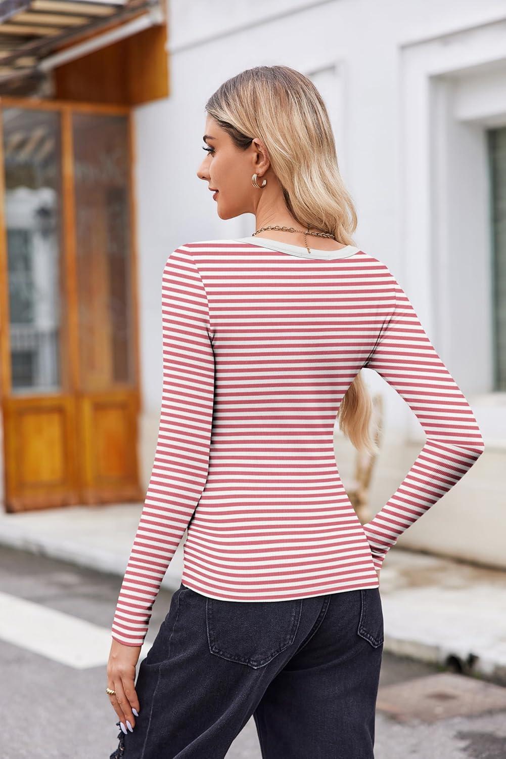 imageZeagoo Womens Long Sleeve Scoop Neck Shirts Casual Slim Fit Rib Knit Tops Summer Fall Basic Business Work TeeRosy Pink Stripe