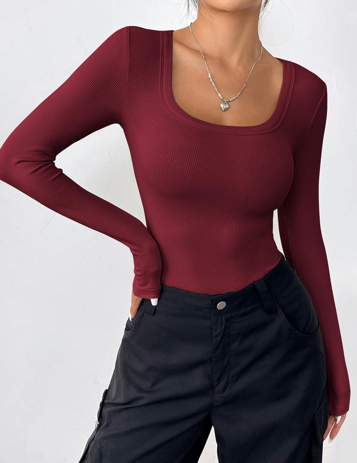 imageZeagoo Womens Long Sleeve Scoop Neck Shirts Casual Slim Fit Rib Knit Tops Summer Fall Basic Business Work TeeWine Red