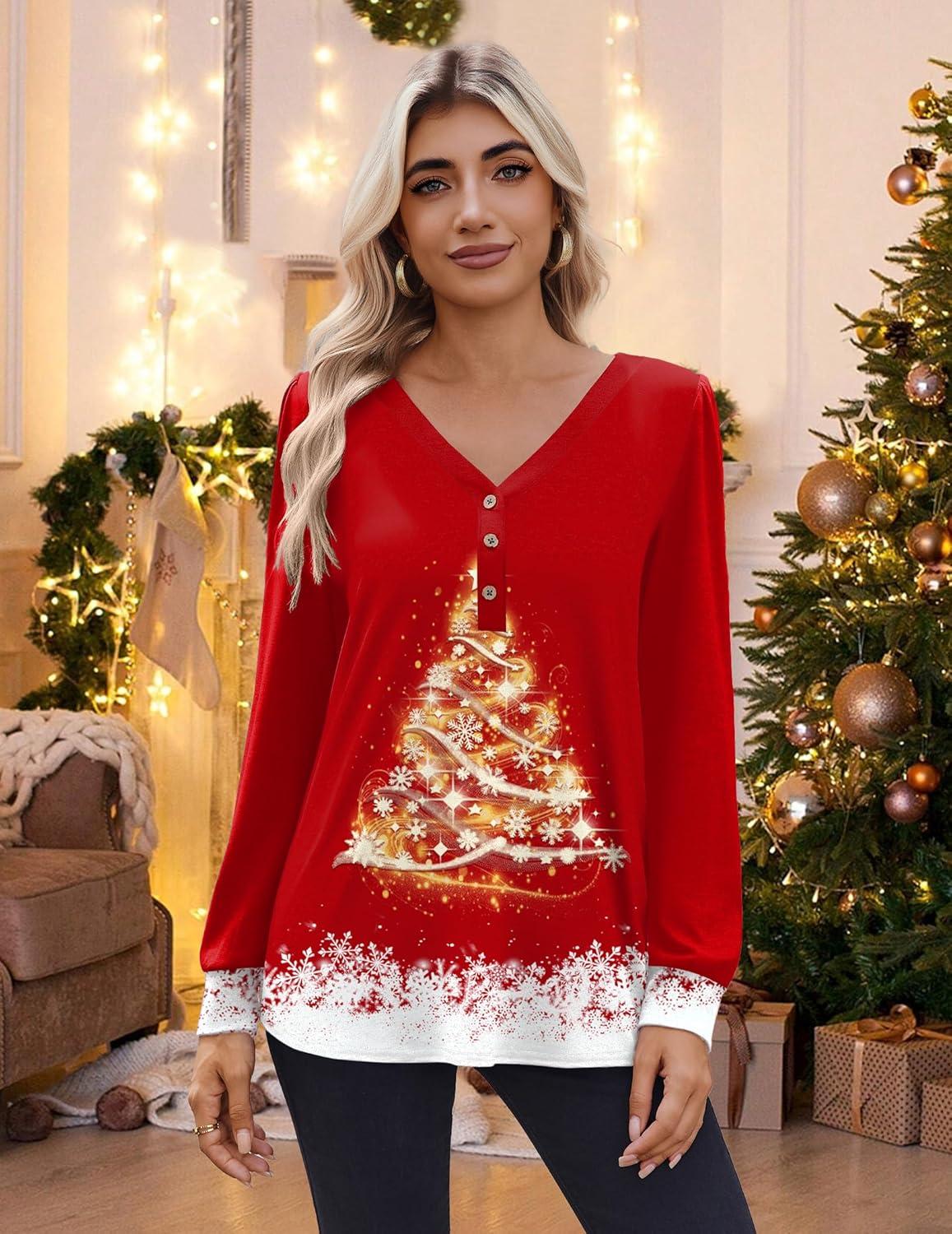 imageZeagoo Womens Long Sleeve Shirts V Neck Dressy Casual Tops Trendy Button Down Blouse Fall Fashion Work Clothes01christmas Red