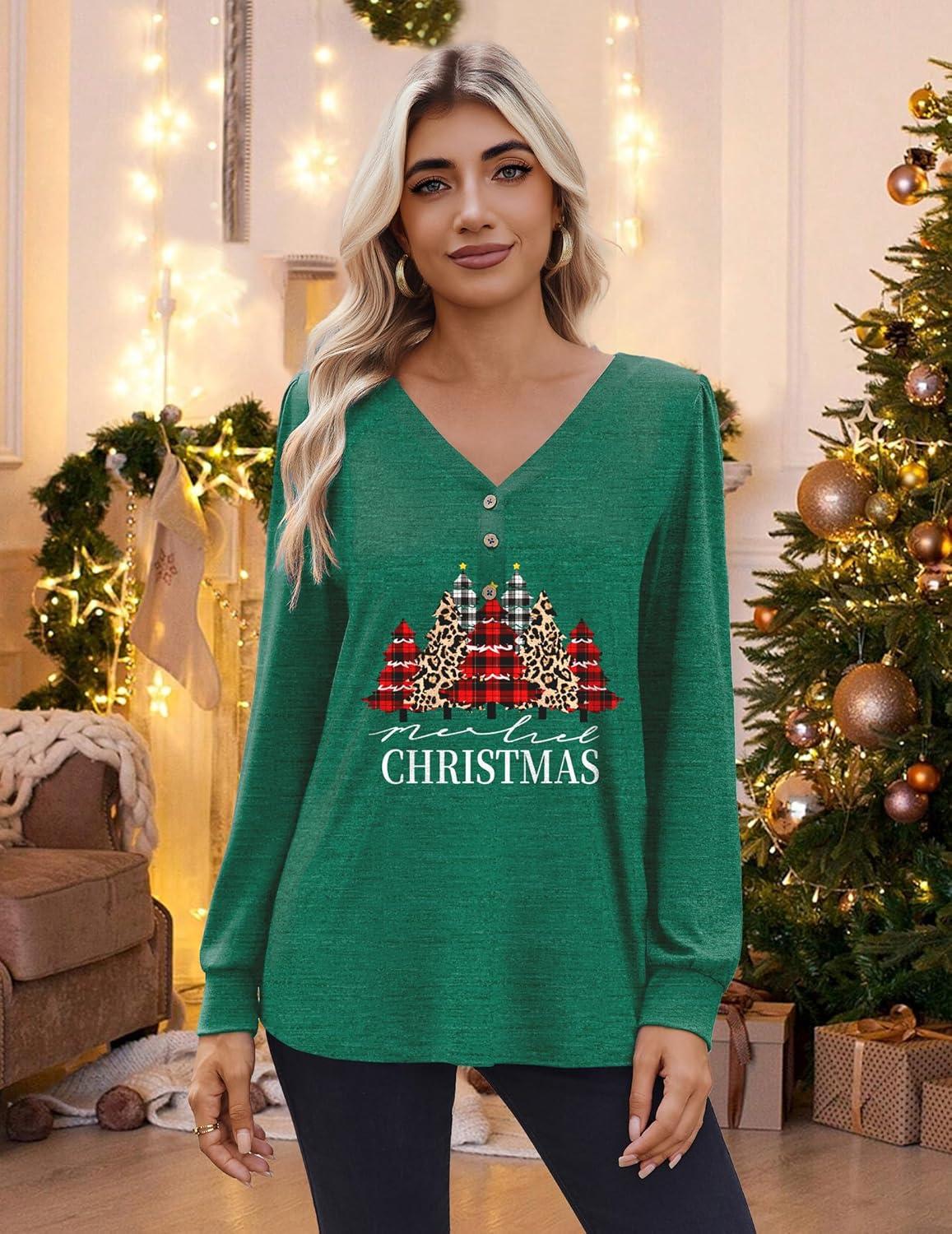 imageZeagoo Womens Long Sleeve Shirts V Neck Dressy Casual Tops Trendy Button Down Blouse Fall Fashion Work Clothes02christmas Green