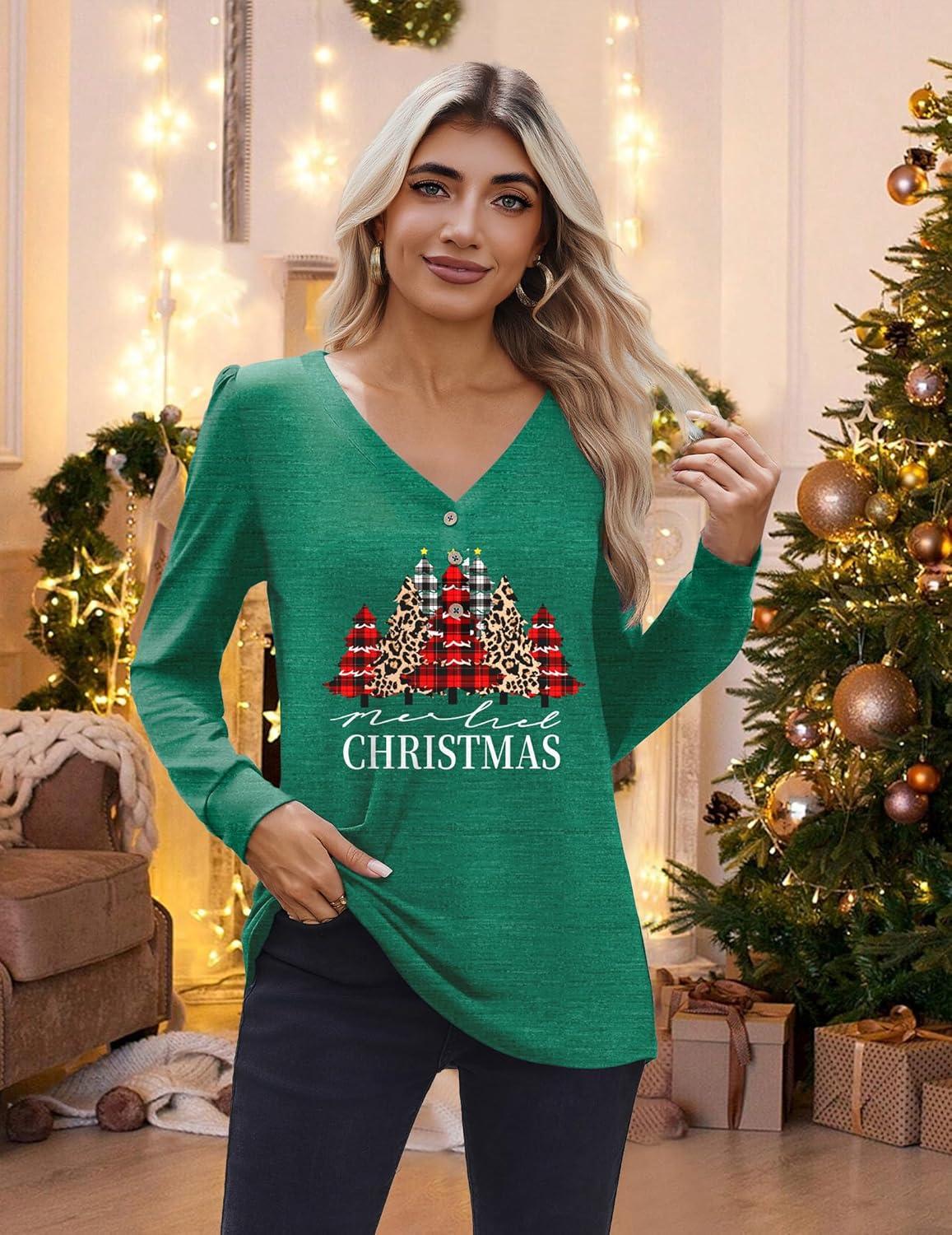 imageZeagoo Womens Long Sleeve Shirts V Neck Dressy Casual Tops Trendy Button Down Blouse Fall Fashion Work Clothes02christmas Green