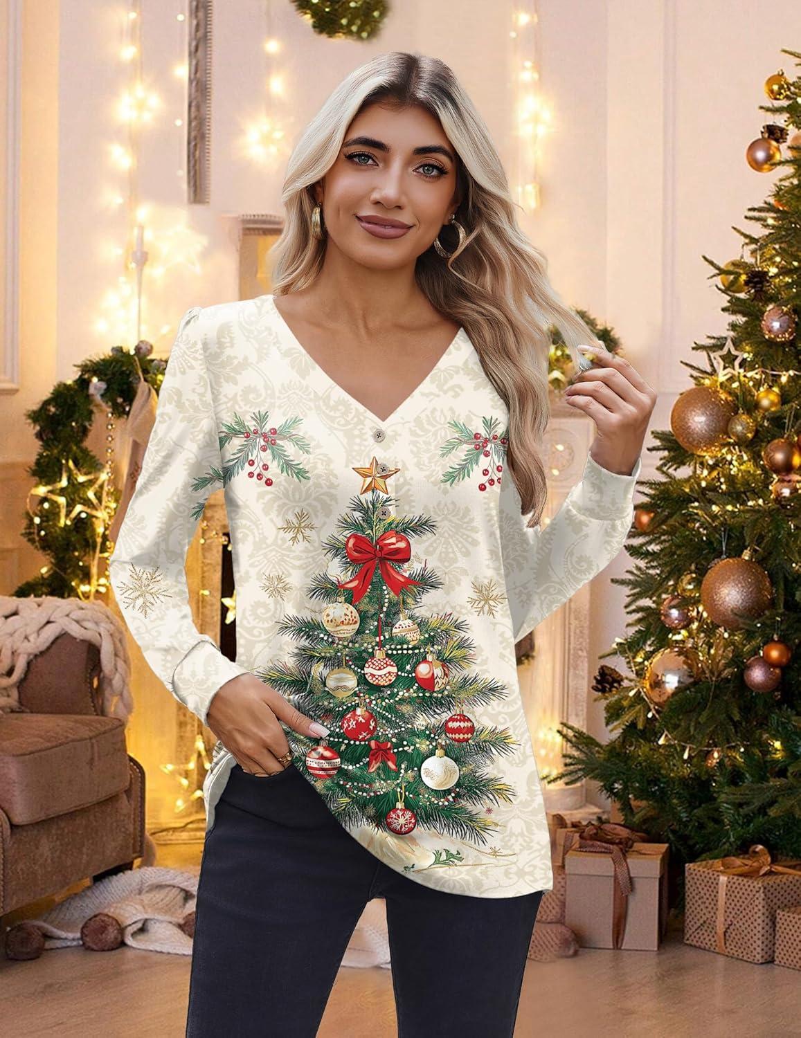 imageZeagoo Womens Long Sleeve Shirts V Neck Dressy Casual Tops Trendy Button Down Blouse Fall Fashion Work Clothes03christmas Khaki