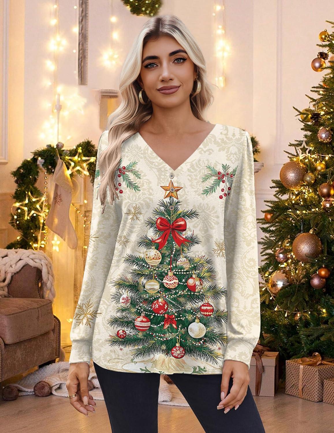 imageZeagoo Womens Long Sleeve Shirts V Neck Dressy Casual Tops Trendy Button Down Blouse Fall Fashion Work Clothes03christmas Khaki