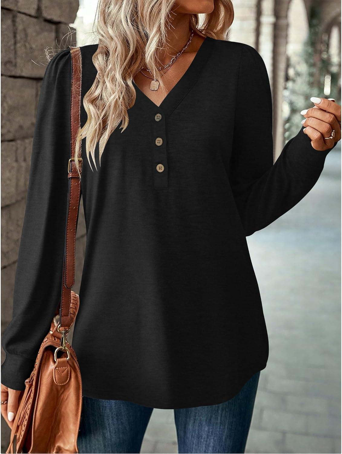 imageZeagoo Womens Long Sleeve Shirts V Neck Dressy Casual Tops Trendy Button Down Blouse Fall Fashion Work ClothesBlack