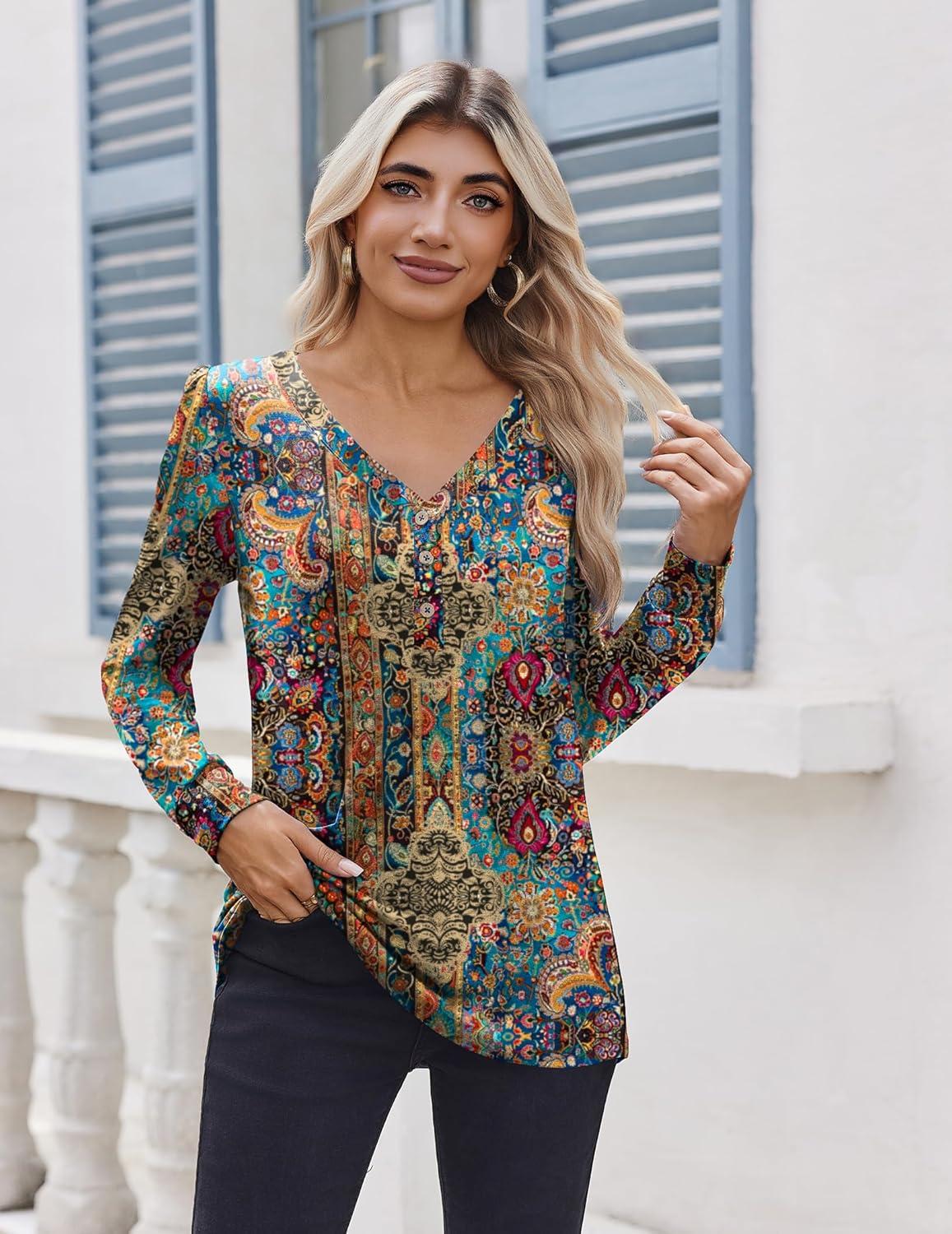 imageZeagoo Womens Long Sleeve Shirts V Neck Dressy Casual Tops Trendy Button Down Blouse Fall Fashion Work ClothesBohemian1