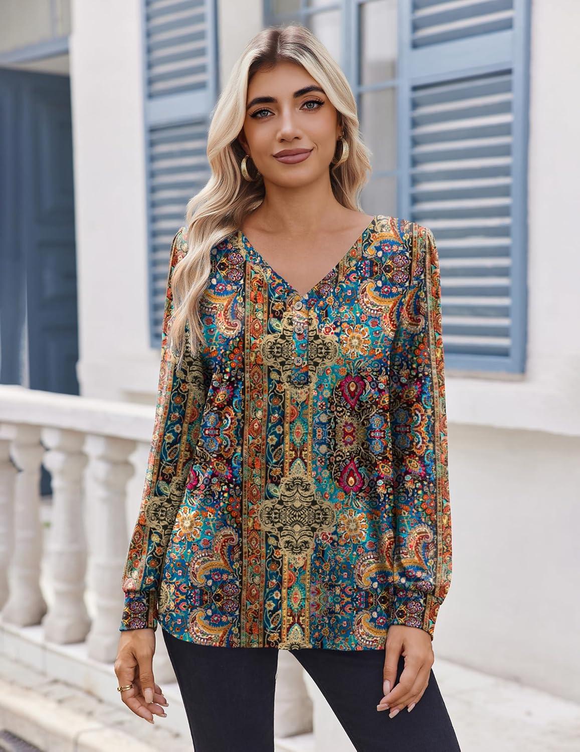 imageZeagoo Womens Long Sleeve Shirts V Neck Dressy Casual Tops Trendy Button Down Blouse Fall Fashion Work ClothesBohemian1