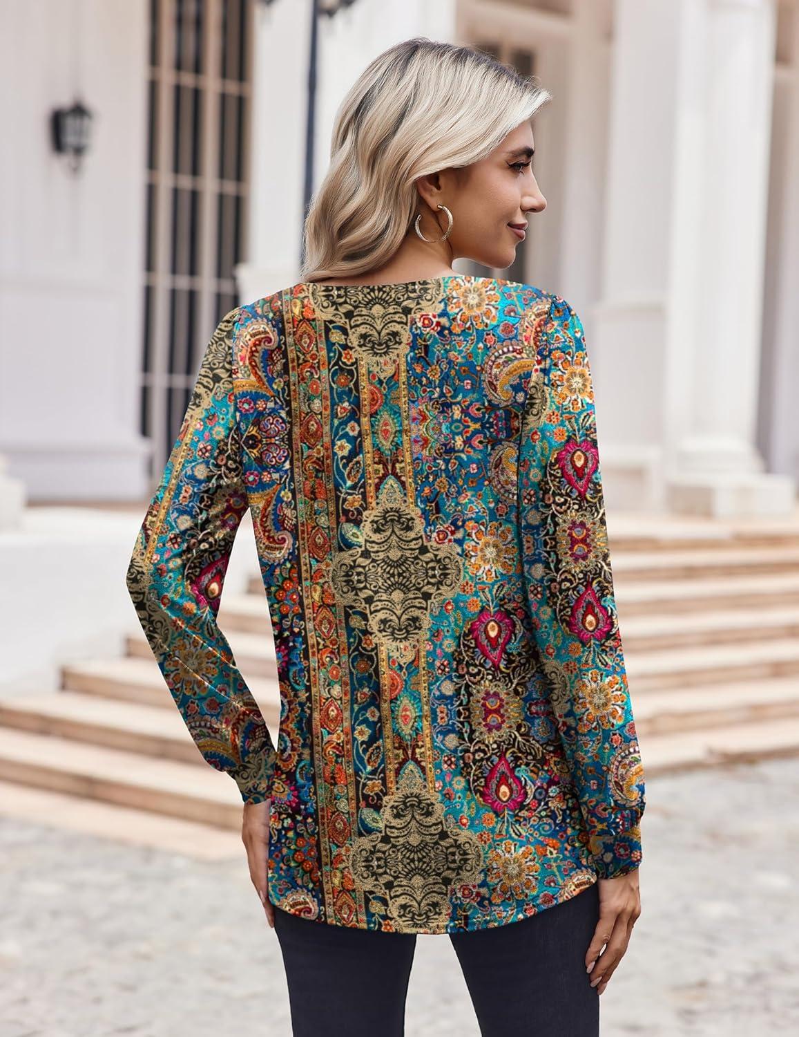 imageZeagoo Womens Long Sleeve Shirts V Neck Dressy Casual Tops Trendy Button Down Blouse Fall Fashion Work ClothesBohemian1