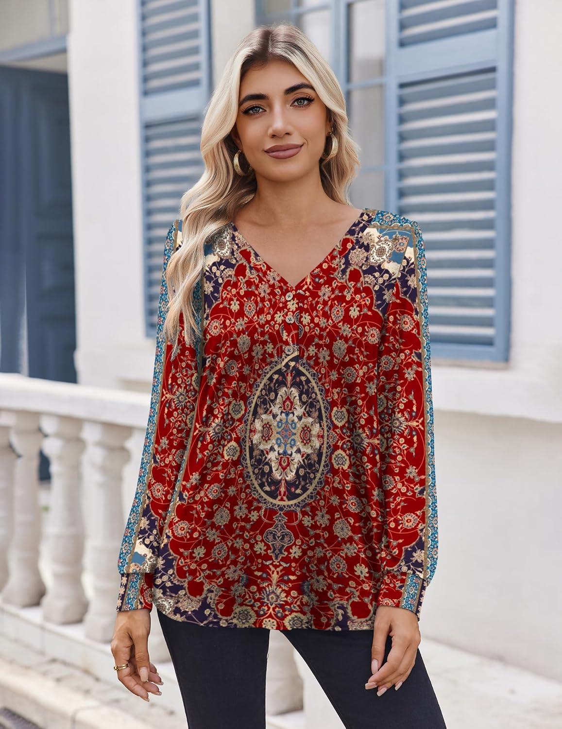imageZeagoo Womens Long Sleeve Shirts V Neck Dressy Casual Tops Trendy Button Down Blouse Fall Fashion Work ClothesBohemian2