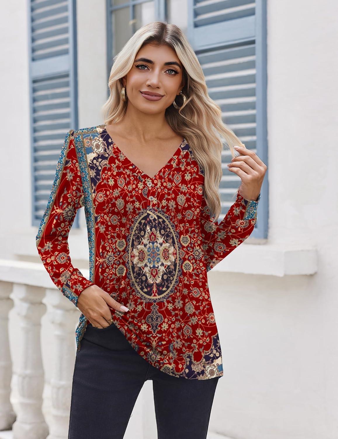 imageZeagoo Womens Long Sleeve Shirts V Neck Dressy Casual Tops Trendy Button Down Blouse Fall Fashion Work ClothesBohemian2