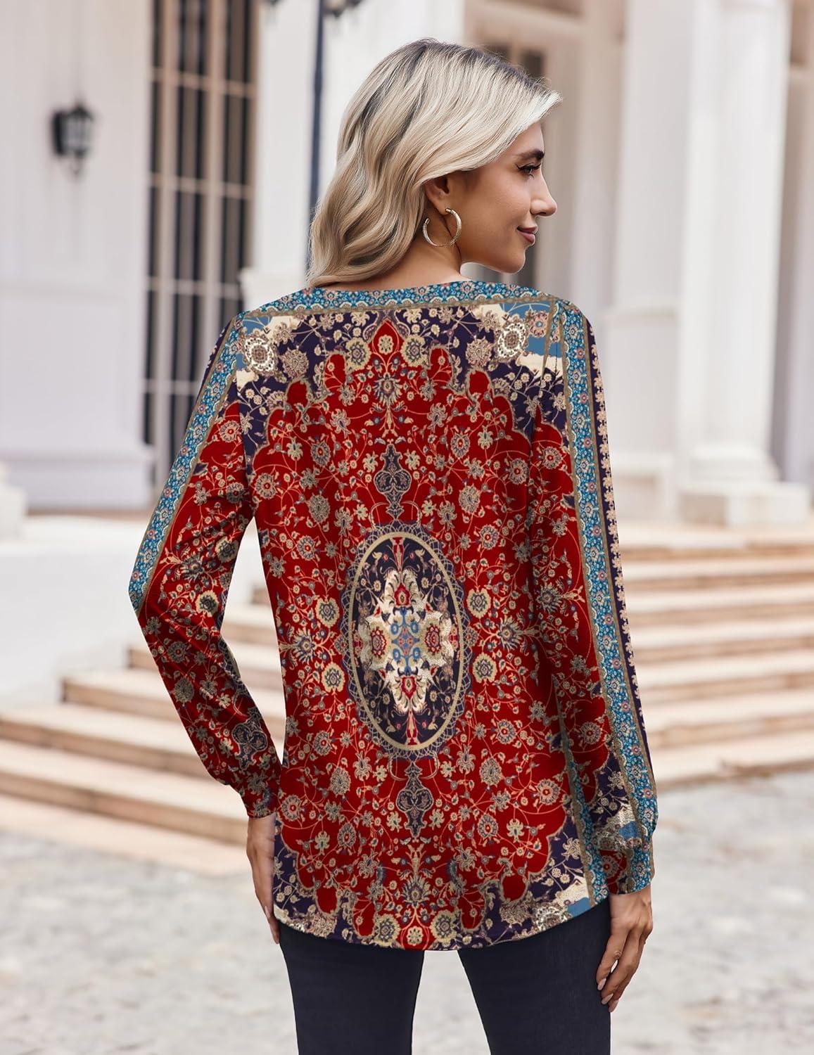 imageZeagoo Womens Long Sleeve Shirts V Neck Dressy Casual Tops Trendy Button Down Blouse Fall Fashion Work ClothesBohemian2
