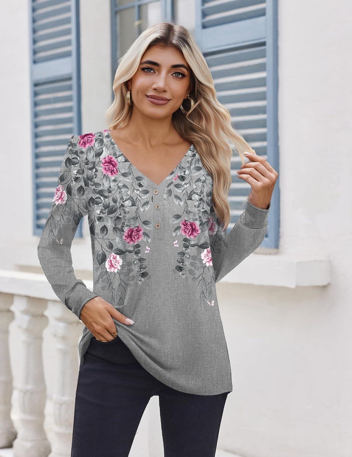 imageZeagoo Womens Long Sleeve Shirts V Neck Dressy Casual Tops Trendy Button Down Blouse Fall Fashion Work ClothesGrey Floral